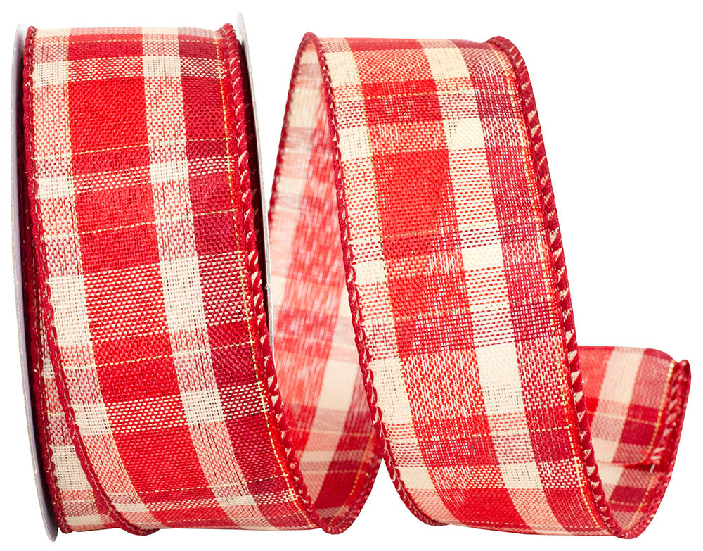 Plaid Wired Edge Ribbon Red 1-1/2 Inch for Wreaths