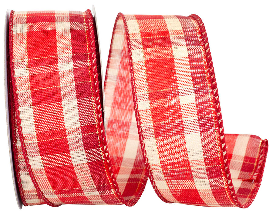 Plaid Wired Edge Ribbon Red 1-1/2 Inch for Wreaths