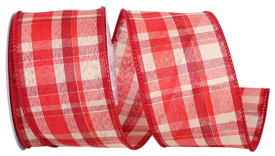 Plaid Wired Edge Ribbon Red 2-1/2 Inch for Wreaths