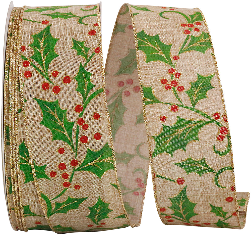 Natural 2-1 2 Inch Holly Linen Wired Edge Ribbon for Wreaths & Bows