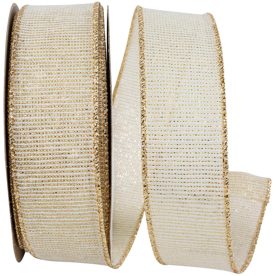 Ivory Gold Linen Glimmer Harmony Wired Edge Ribbon 1-1/2 Inch