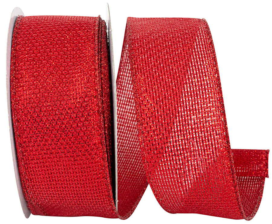 Red Metallic Tile Link Wired Edge Ribbon 1-1/2 Inch
