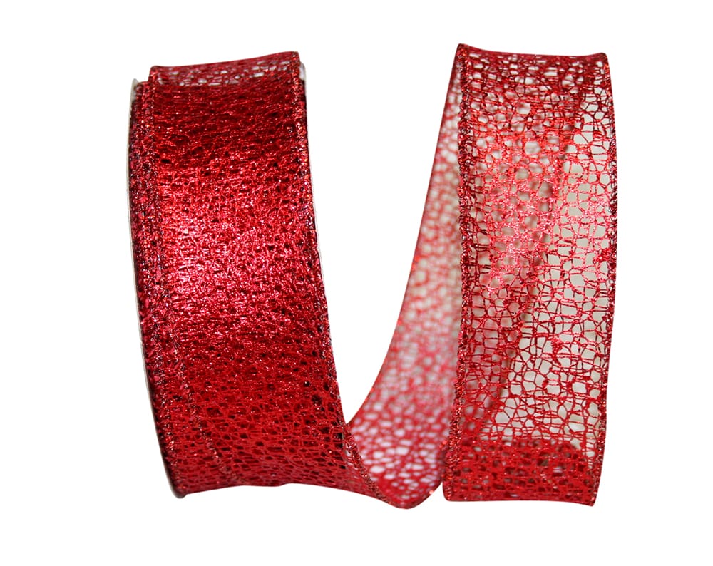 Red 1-1/2 Inch Metallic Wired Edge Ribbon for Wreaths