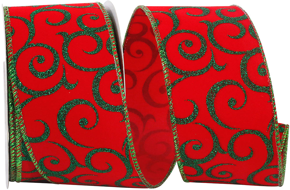 Velvet Glitter Scroll Ribbon Red Green 2-1/2 Inch 10 Yards