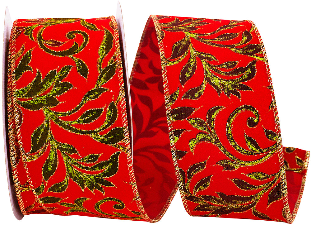 Red Green 2-1 2 Inch Exquisite Scroll Holiday Wired Edge Ribbon for Wreaths & Bows