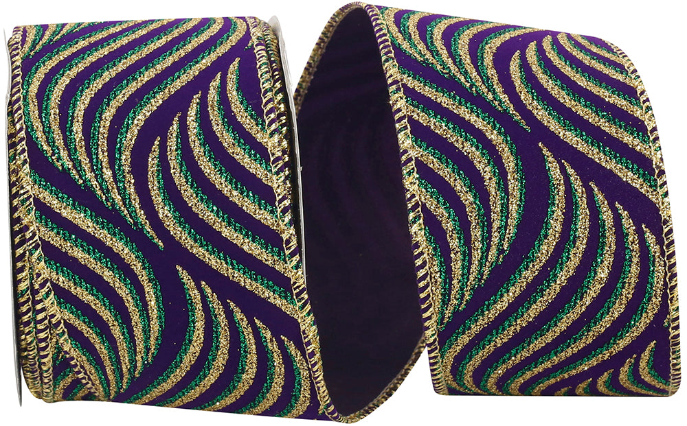 Purple 2-1 2 Inch Mardi Gras Swirl Steve Wired Edge Ribbon for Wreaths & Bows
