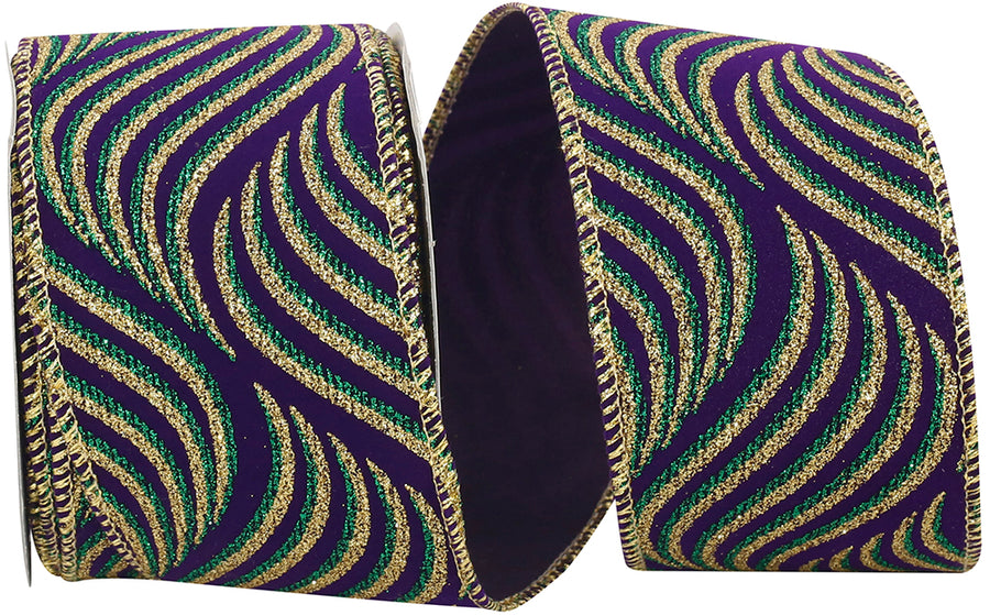 Purple 2-1 2 Inch Mardi Gras Swirl Steve Wired Edge Ribbon for Wreaths & Bows