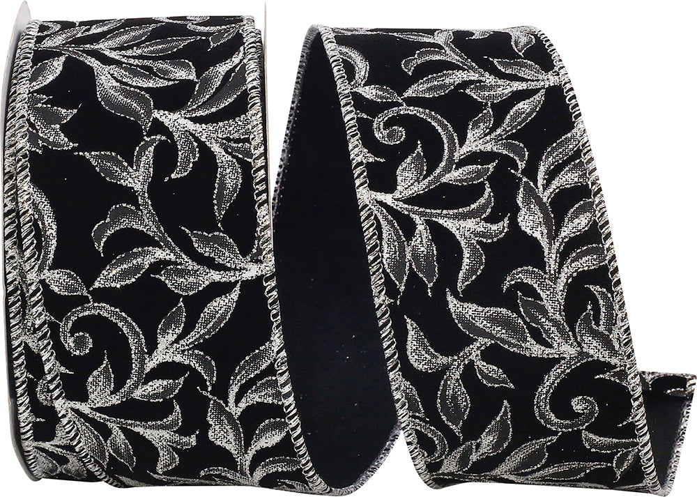 Black Silver 2-1 2 Inch Exquisite Scroll Leaf Wired Edge Ribbon for Wreaths & Bows