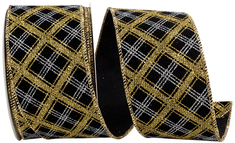 Gold Silver 2-1 2 Inch Diamond Lattice Gold-Silver Wired Edge Ribbon for Wreaths & Bows