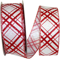 Candycane Crisscross Glitter Wired Edge Ribbon White Red 1-1/2 Inch
