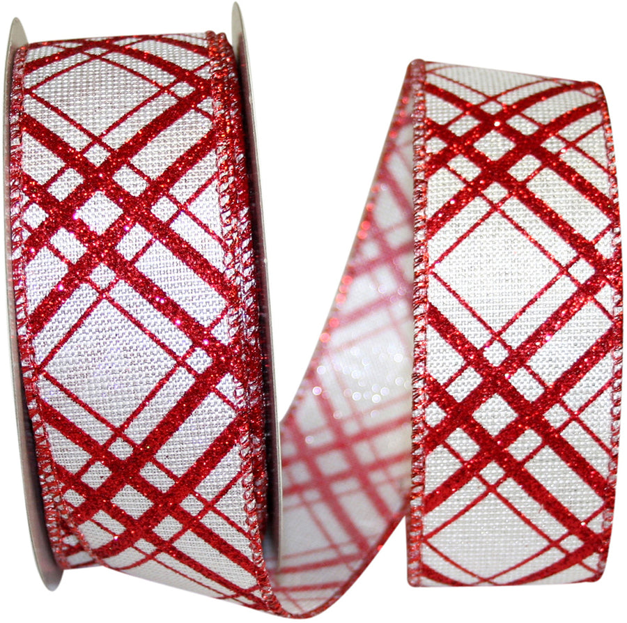 Candycane Crisscross Glitter Wired Edge Ribbon White Red 1-1/2 Inch