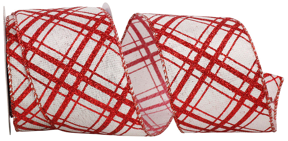 Candycane Crisscross Glitter Ribbon White Red 2-1/2 Inch