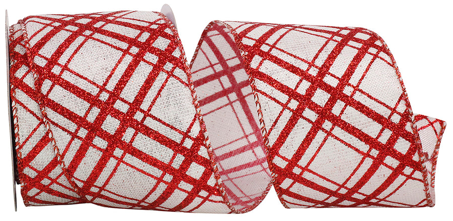 Candycane Crisscross Glitter Ribbon White Red 2-1/2 Inch