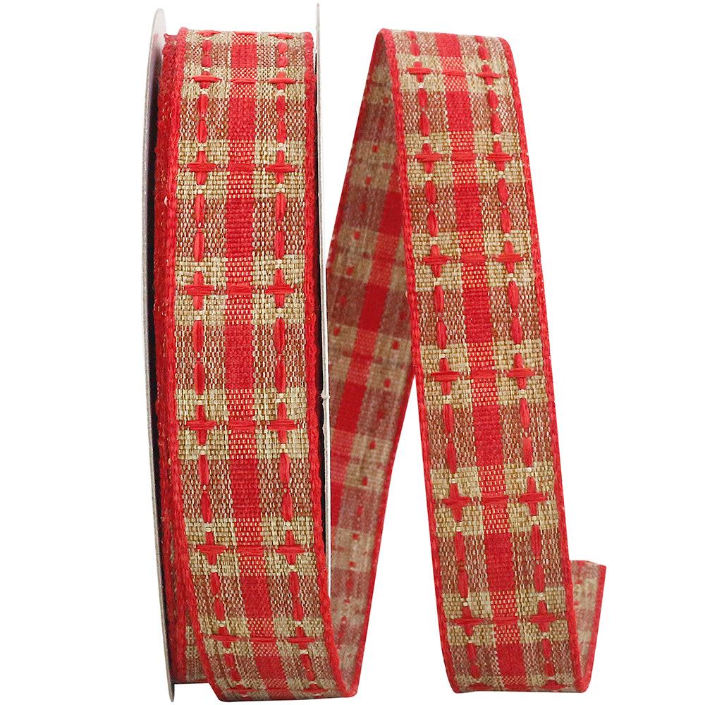 Plaid Saddle Stitch Linen Ribbon Natural Red 7/8 Inch 20 Yards