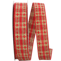 Plaid Saddle Stitch Linen Ribbon Natural Red 7/8 Inch 20Yds