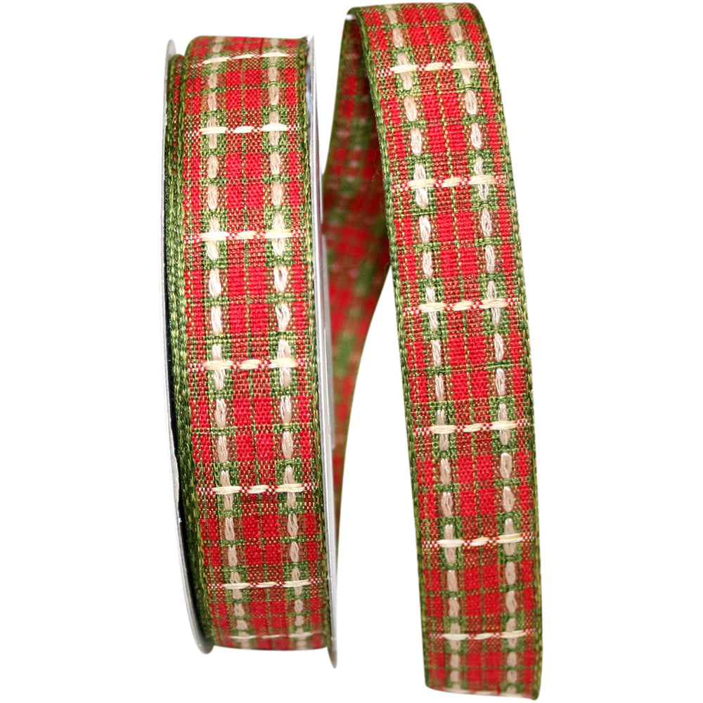 Plaid Saddle Stitch Linen Ribbon Red Green 7/8 Inch 20 Yards