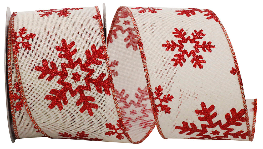 Hopsack Snowflake Glitter Ribbon White Red 2-1/2 Inch