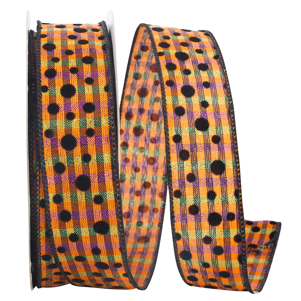 Plaid Felt Dots Wired Edge Ribbon Multi 1-1/2 Inch 20 Yards