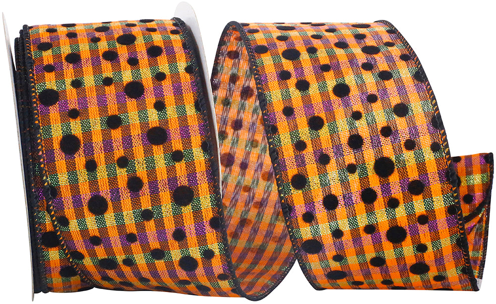 Plaid Felt Dots Wired Edge Ribbon 2-1/2 Inch Multi