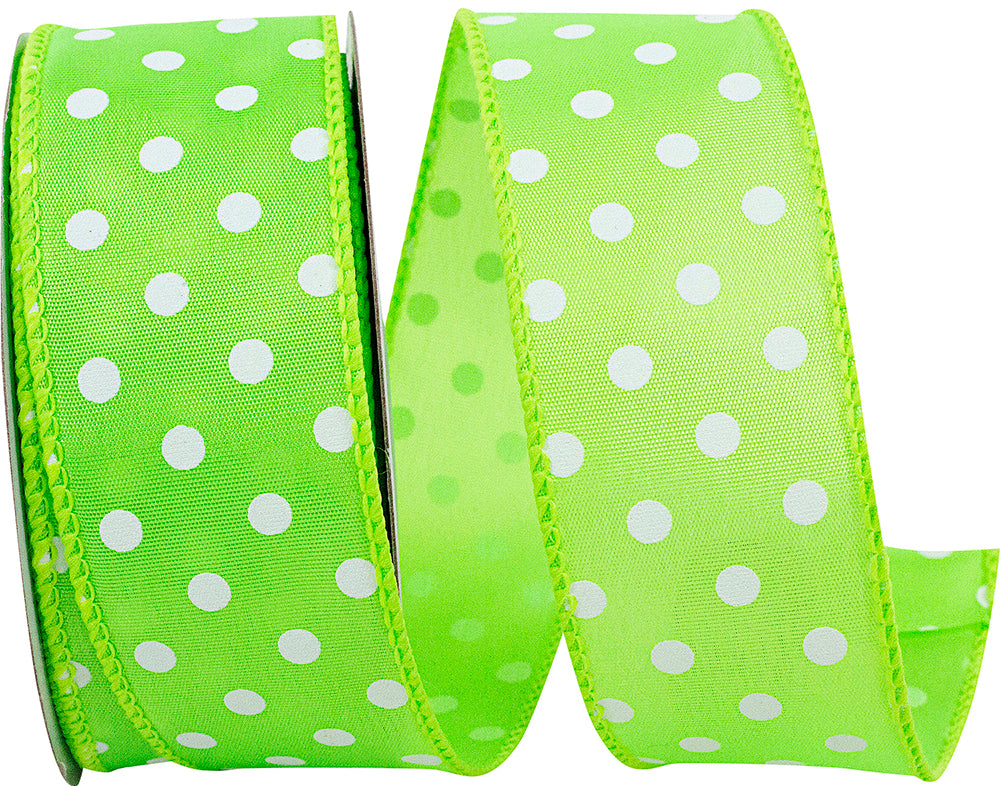 Lime 1-1 2 Inch Satin Striking Dots Wired Edge Ribbon for Wreaths & Bows