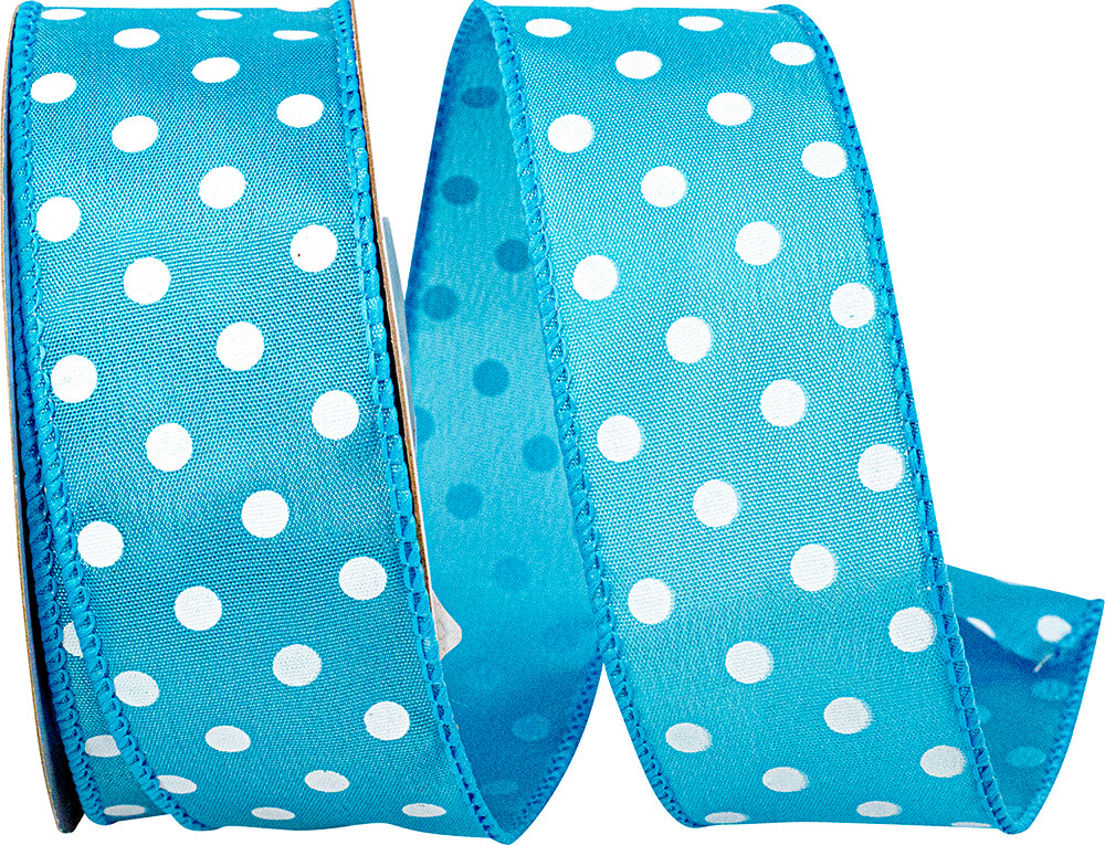 Turquoise Satin Striking Dots Wired Edge Ribbon 1-1/2 Inch