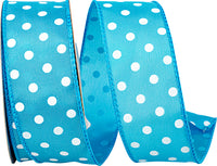 Turquoise Satin Striking Dots Wired Edge Ribbon 1-1/2 Inch
