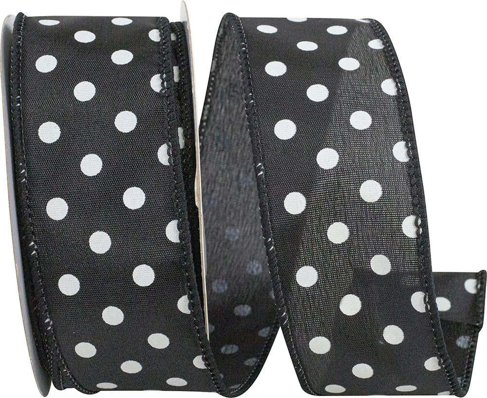 Black White 1-1 2 Inch Satin Striking Dots Wired Edge Ribbon for Wreaths & Bows