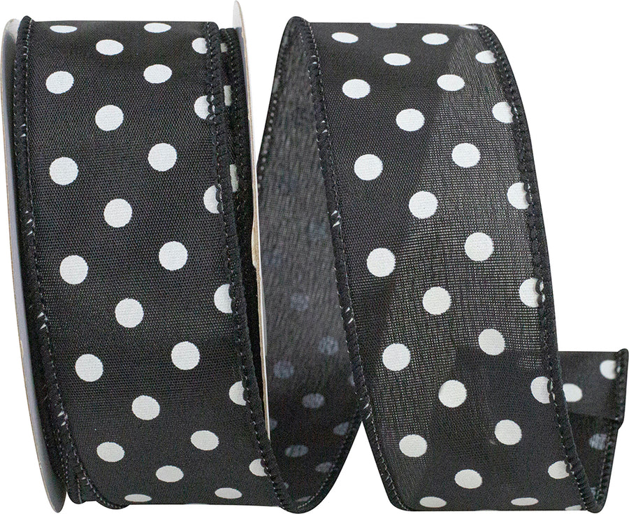 Black White 1-1 2 Inch Satin Striking Dots Wired Edge Ribbon for Wreaths & Bows