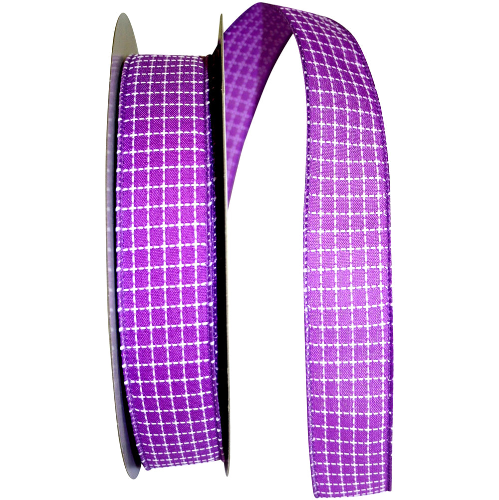 Purple 1-1 2 Inch Saddle Stitch Check Linen Wired Edge Ribbon for Wreaths & Bows
