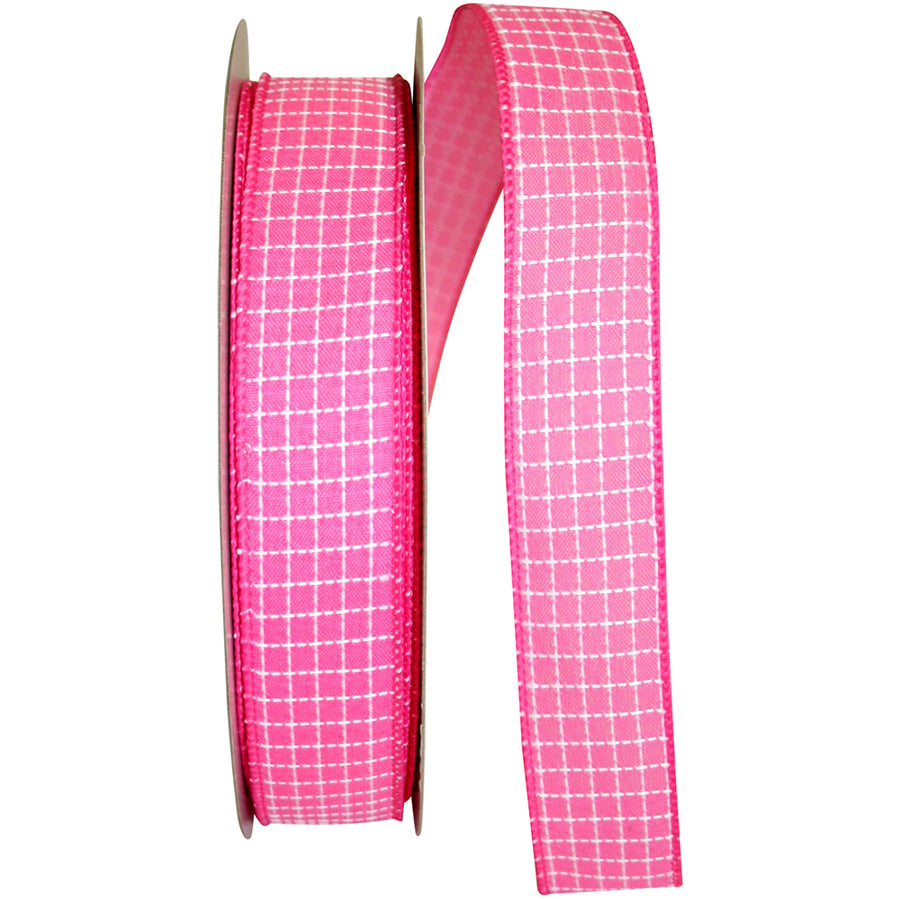 1-1 2 Inch Saddle Stitch Check Linen Wired Edge Ribbon for Wreaths & Bows
