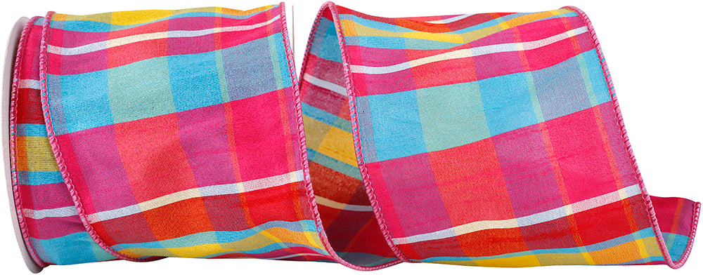 Plaid Dupioni Pink Wired Edge Ribbon 4 Inch for Wreaths