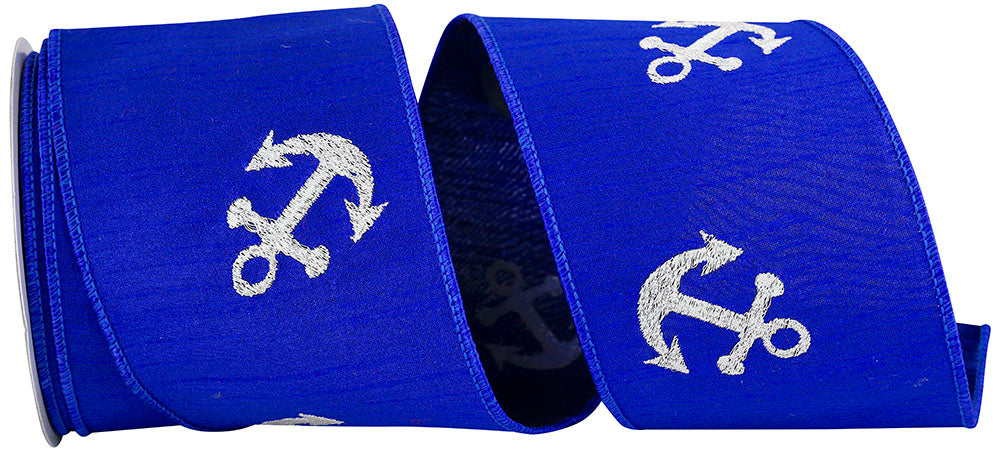 Royal 4 Inch Anchors Embroidered Wired Edge Ribbon for Wreaths & Bows