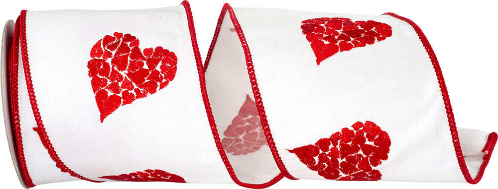 White Red 4 Inch Hearts Embroidered Wired Edge Ribbon for Wreaths & Bows