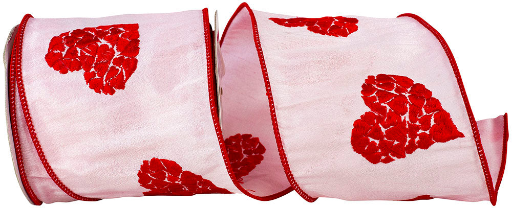 Pink Red 4 Inch Hearts Embroidered Wired Edge Ribbon for Wreaths & Bows
