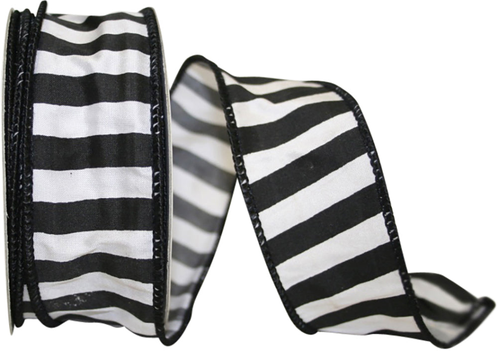 Black 1-1 2 Inch Cabana Stripe Silk Wired Edge Ribbon for Wreaths & Bows