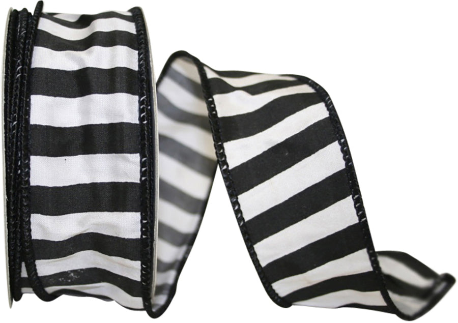 Black 1-1 2 Inch Cabana Stripe Silk Wired Edge Ribbon for Wreaths & Bows