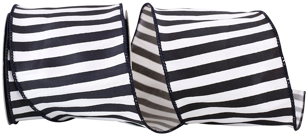 Black 4 Inch Cabana Stripe Silk Wired Edge Ribbon for Wreaths & Bows