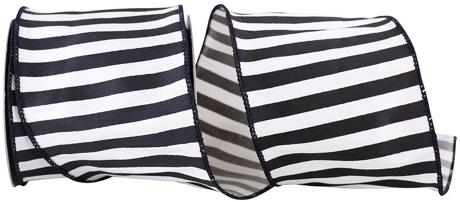 Black 4 Inch Cabana Stripe Silk Wired Edge Ribbon for Wreaths & Bows