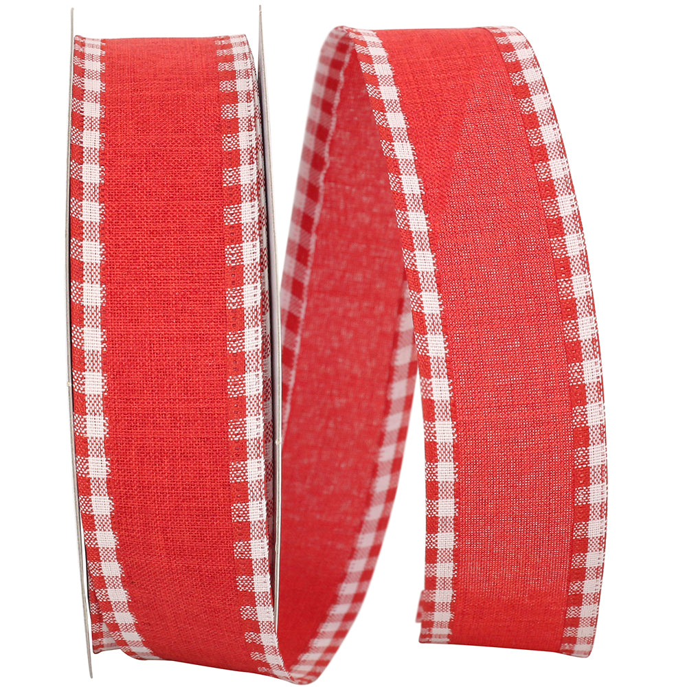 Red 1-1 2 Inch Linen Checked Edge Wired Edge Ribbon for Wreaths & Bows