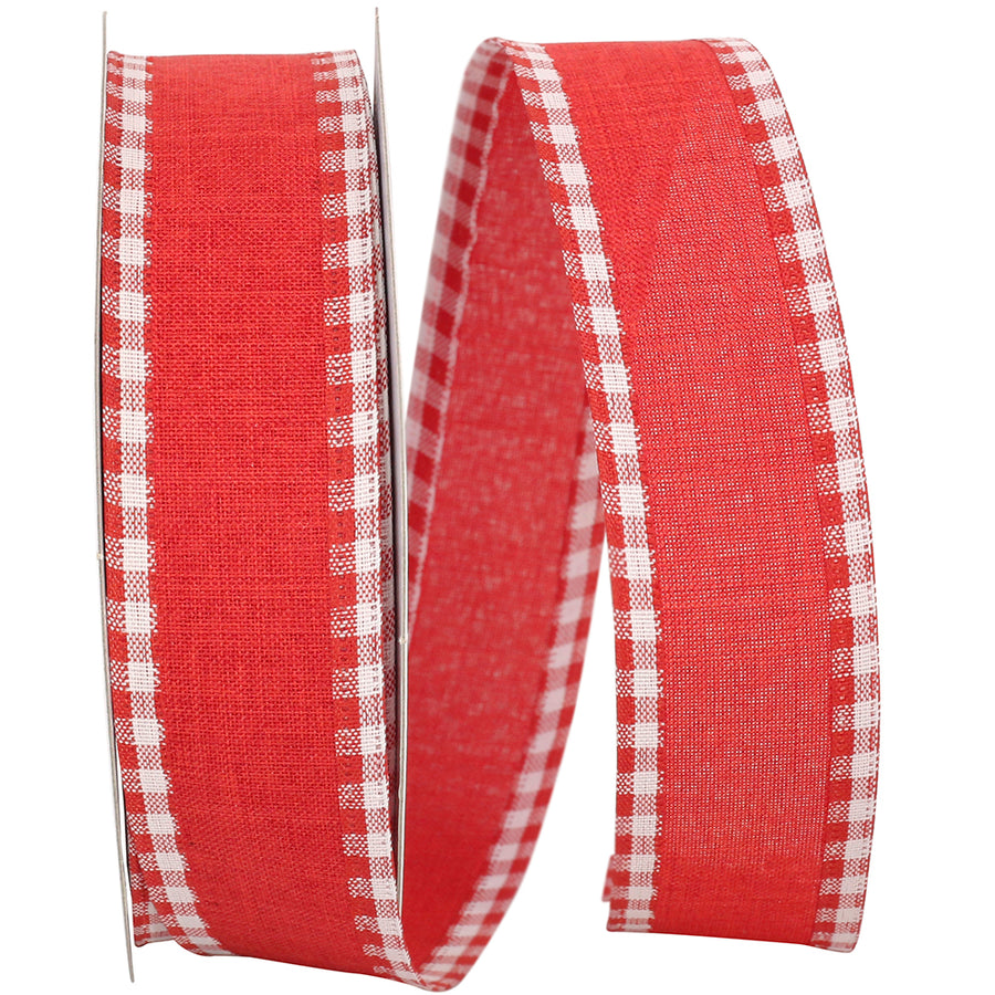 Red 1-1 2 Inch Linen Checked Edge Wired Edge Ribbon for Wreaths & Bows