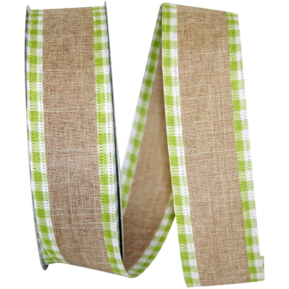 Natural Lime 1-1 2 Inch Linen Checked Edge Wired Edge Ribbon for Wreaths & Bows