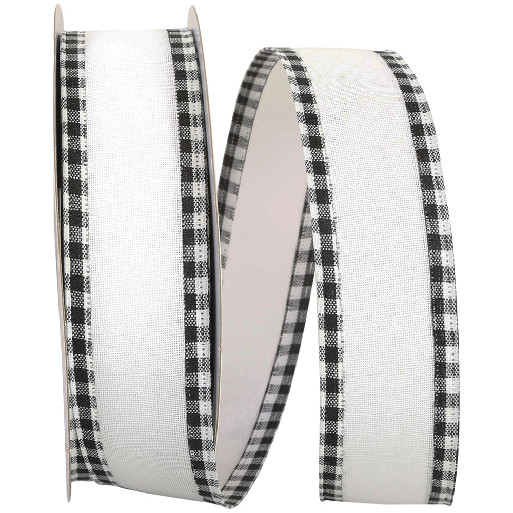 Black White 1-1 2 Inch Linen Checked Edge Wired Edge Ribbon for Wreaths & Bows