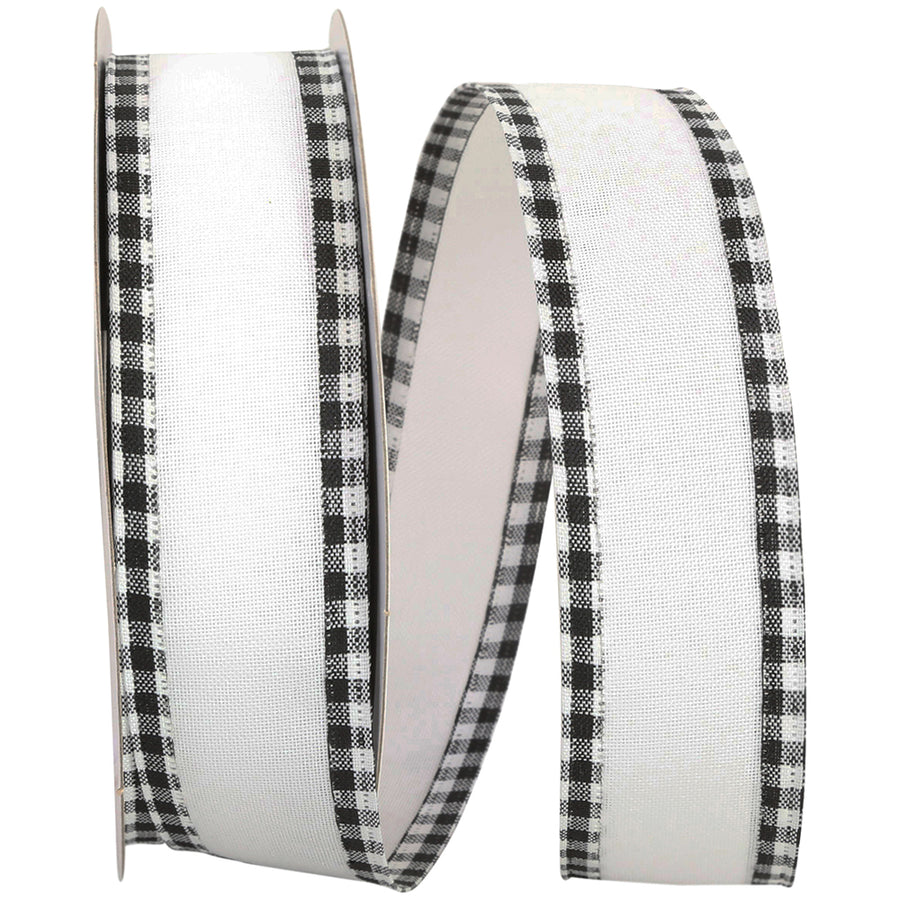 Black White 1-1 2 Inch Linen Checked Edge Wired Edge Ribbon for Wreaths & Bows