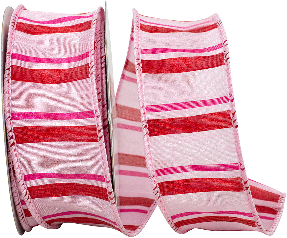 Pink Red 1-1 2 Inch Striped Romance Wired Edge Ribbon for Wreaths & Bows