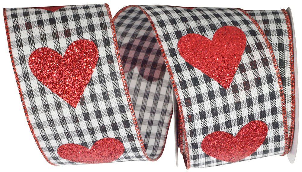 Heart Glitter Gingham Check Wired Edge Ribbon Multi 2-1/2 Inch