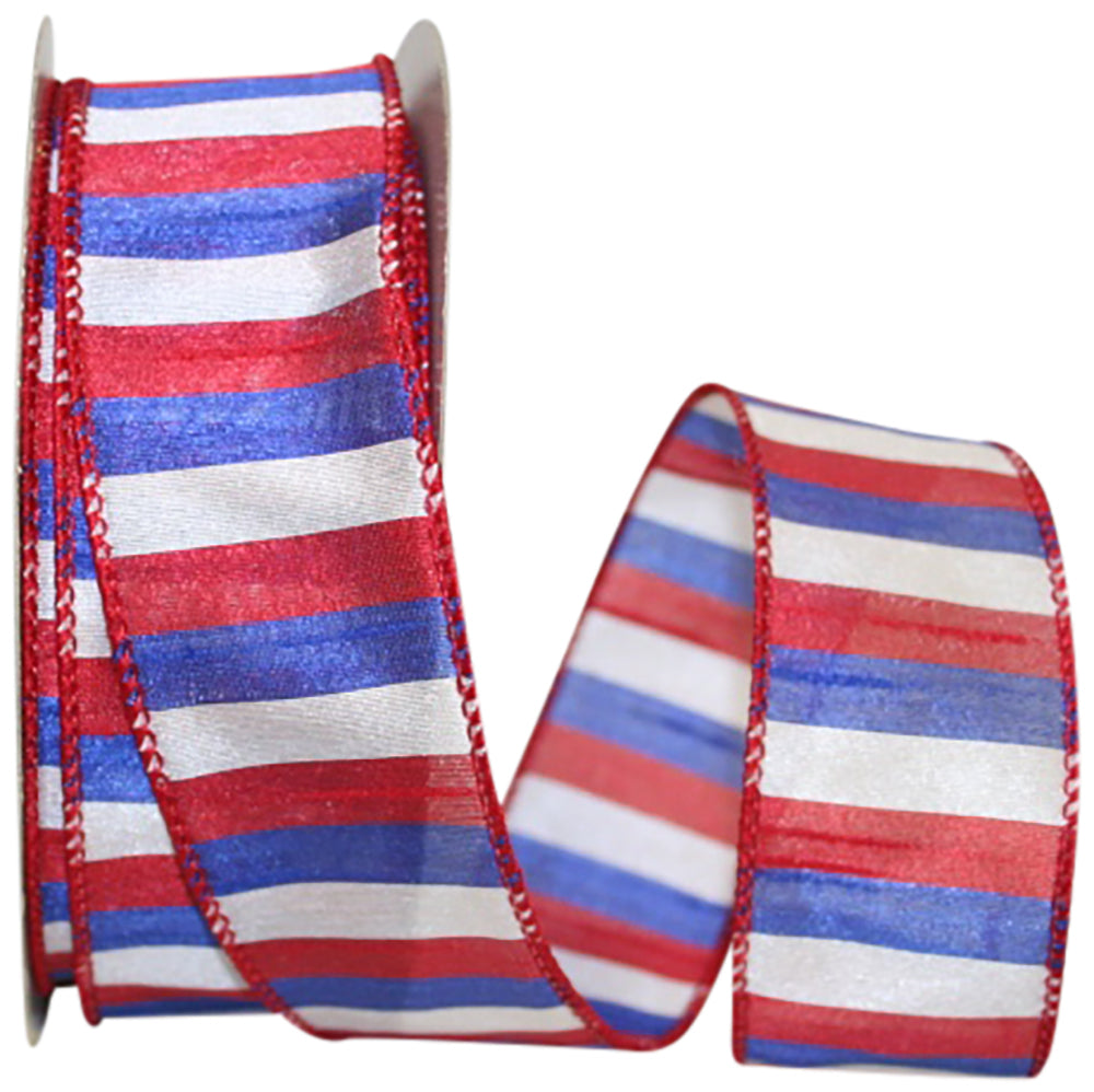 Multi 1-1 2 Inch Patriotic Stripes Dupioni Wired Edge Ribbon for Wreaths & Bows
