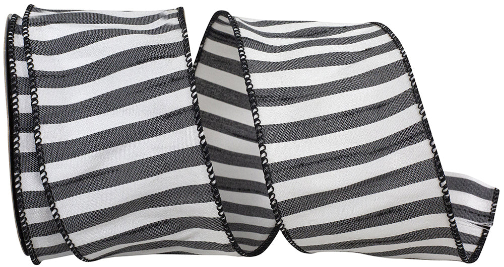 Black 2-1 2 Inch Cabana Stripe Dupioni Wired Edge Ribbon for Wreaths & Bows