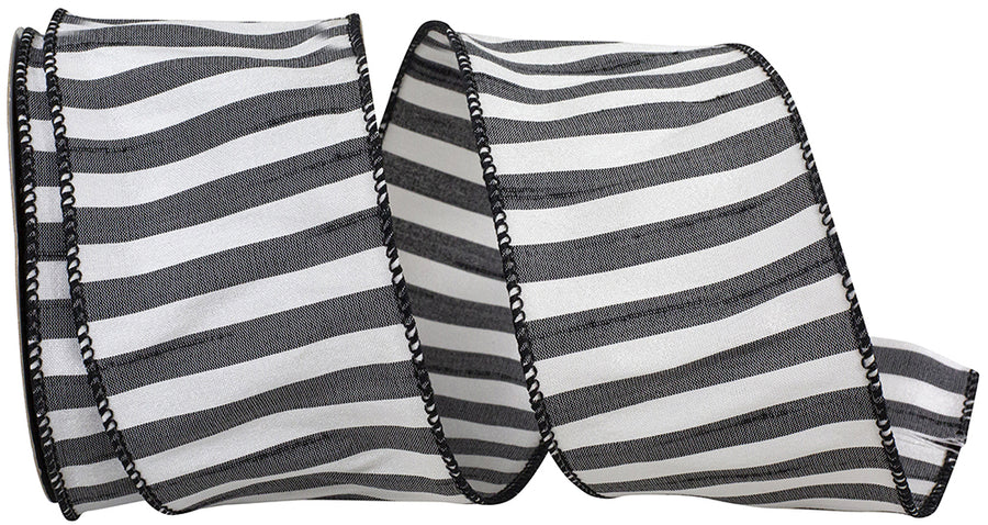 Black 2-1 2 Inch Cabana Stripe Dupioni Wired Edge Ribbon for Wreaths & Bows