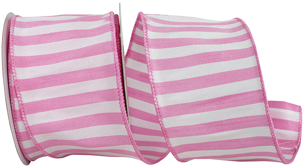 Pink 2-1 2 Inch Cabana Stripe Dupioni Wired Edge Ribbon for Wreaths & Bows