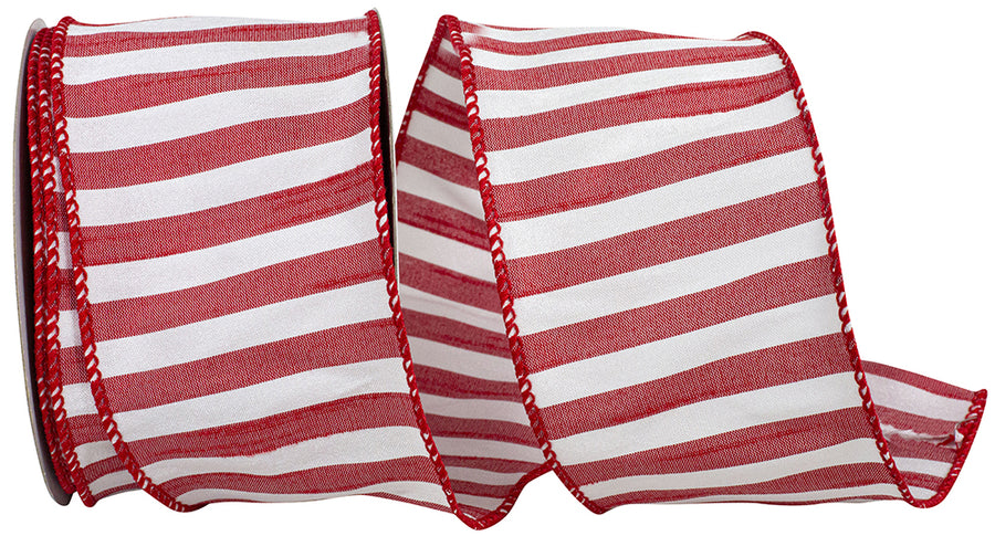 Red 2-1 2 Inch Cabana Stripe Dupioni Wired Edge Ribbon for Wreaths & Bows